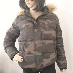 Levi's Camo Puffer Jacket, Women's M Hooded Bomber Style Jacket
